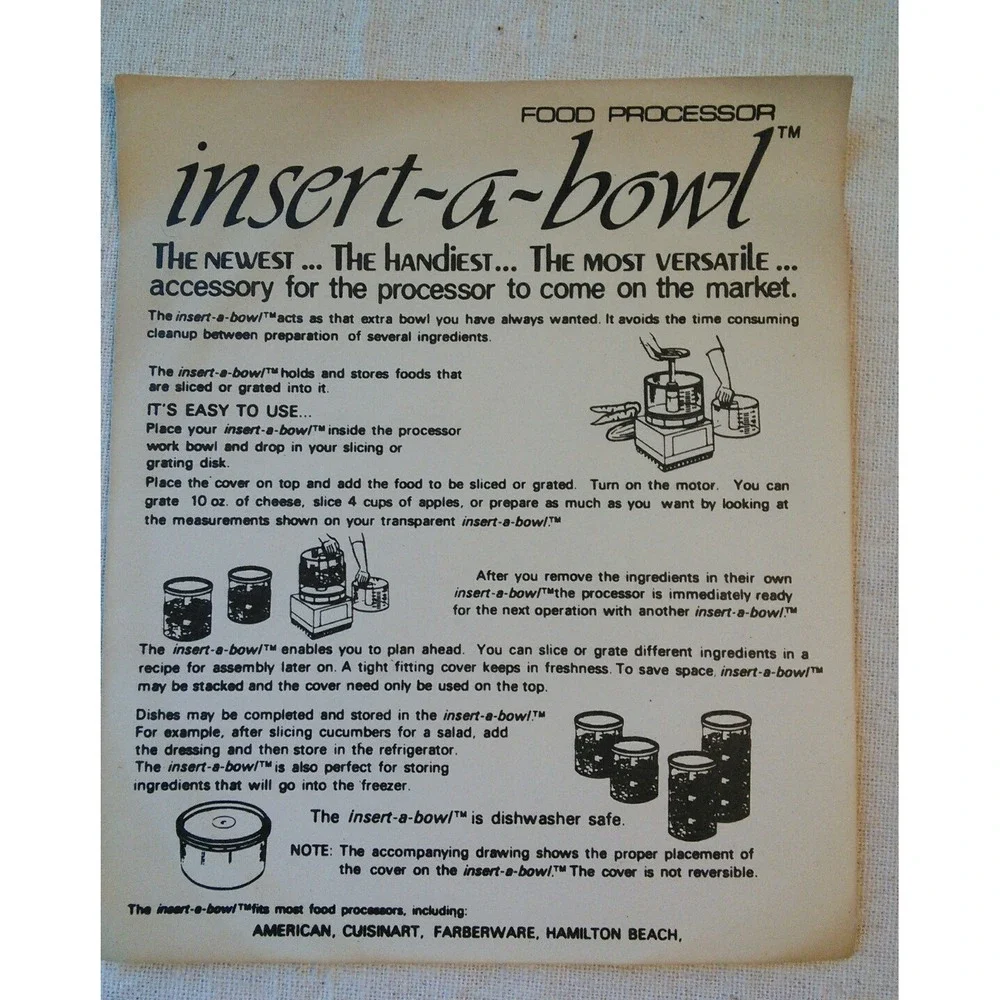 2‎ Insert-A-Bowl Universal Food Processor 5-Cup Bowls & Lids 1980 Vtg Stacking
